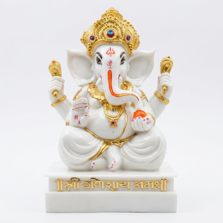 Premium white Ganesha idol with ornate crown for home decor