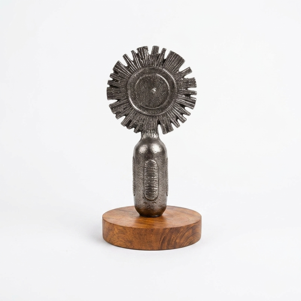 Handcrafted Metal Sun Sculpture with Wooden Base