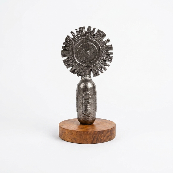 Handcrafted Metal Sun Sculpture with Wooden Base