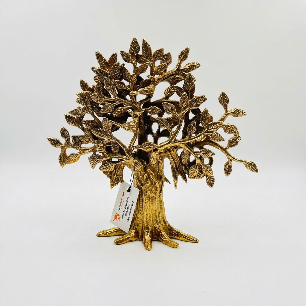 Golden tree of life table decor with detailed branches and leaves