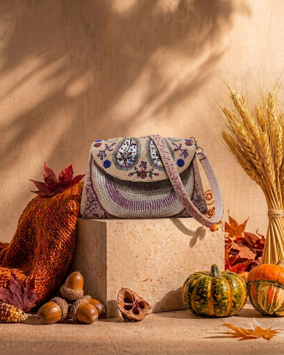 Peach Beaded Floral Shoulder Bag
