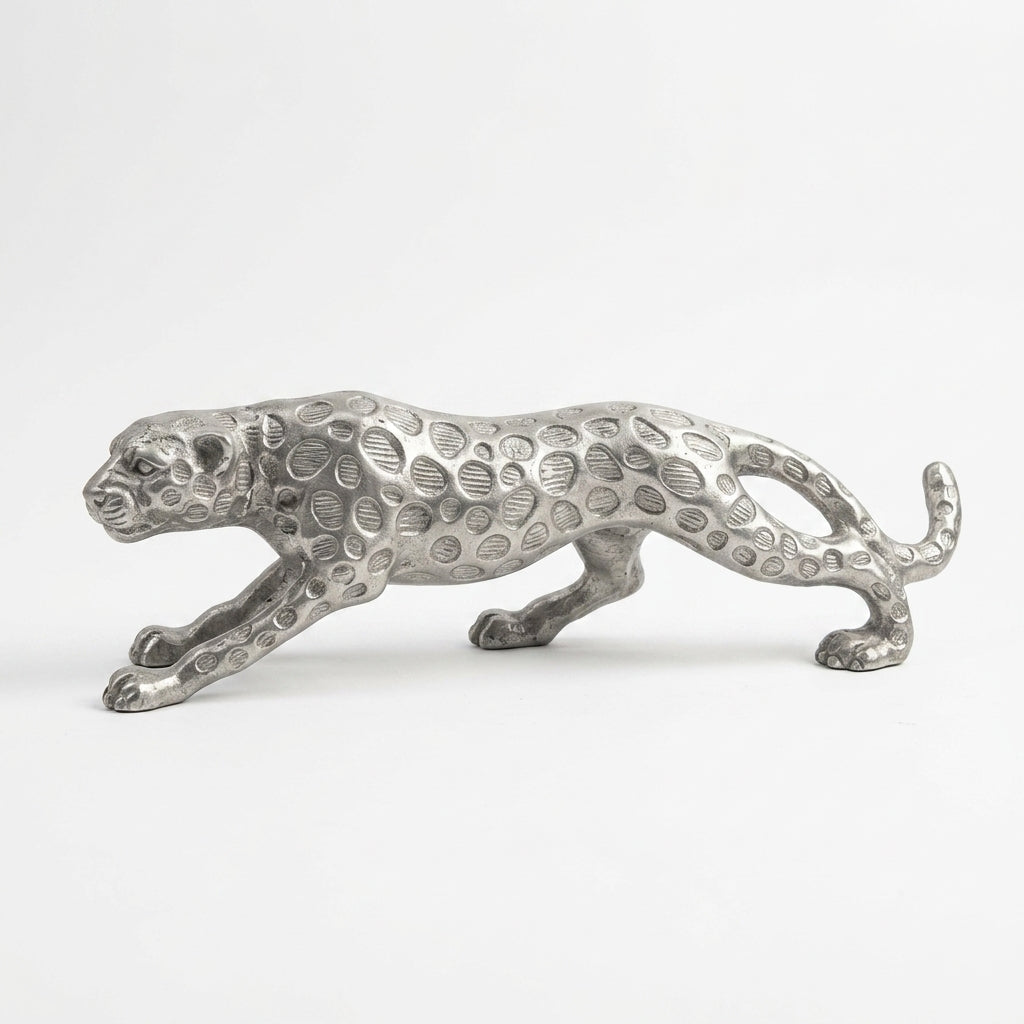 Silver leopard figurine for home decor with luxury textured finish