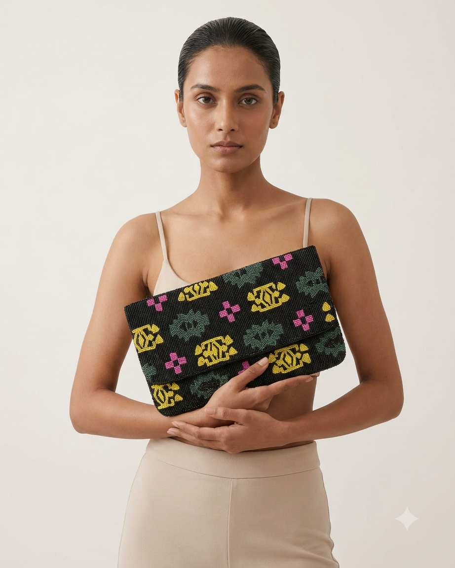 Beaded Clutch Bag with Multicolour Geometric Pattern