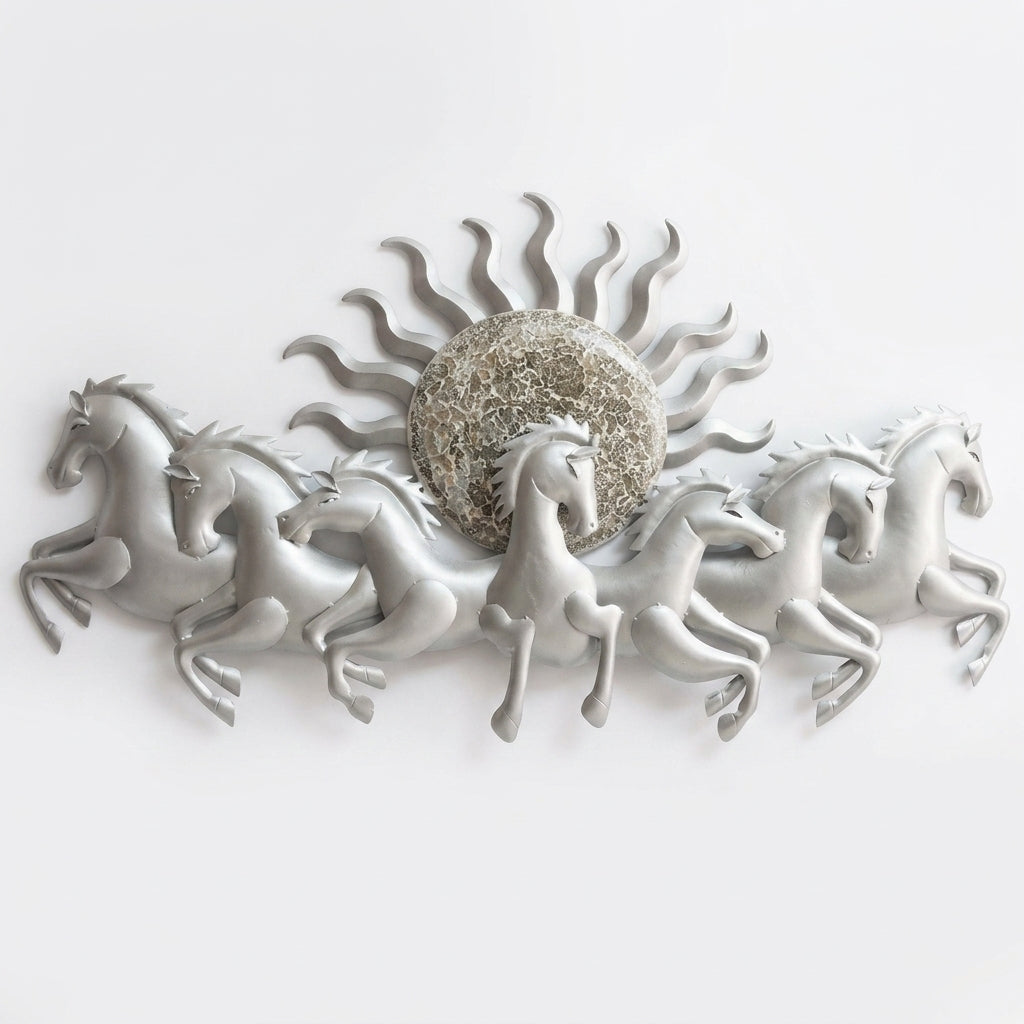 Elegant Vastu inspired Silver Finish Seven Running Horses Wall Decor for home
