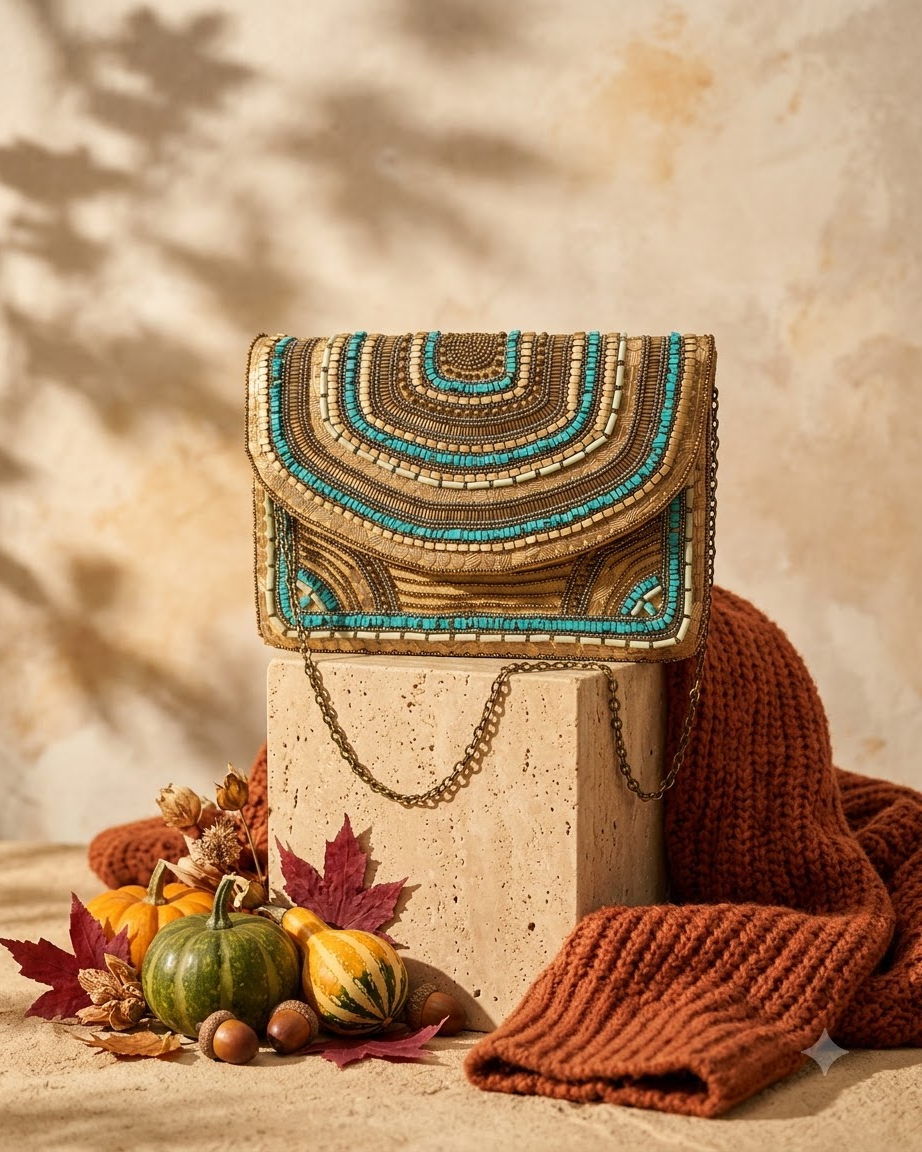 Gold &amp; Turquoise Beaded Clutch Bag with Chain Strap