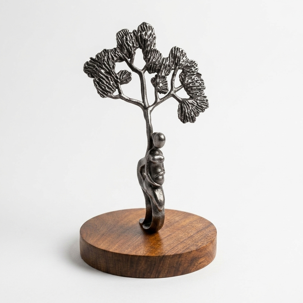 Handcrafted Black Tree Sculpture with Figure on Wooden Base