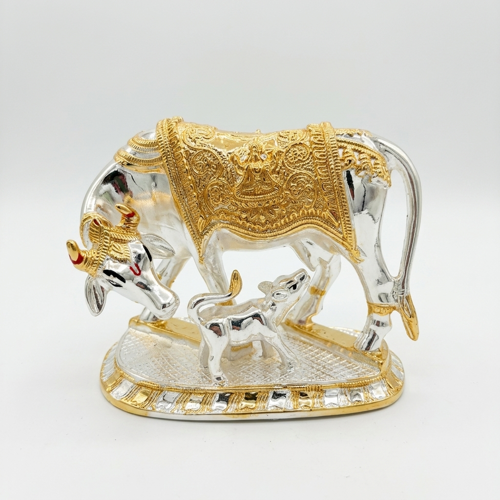 Premium Kamdhenu cow and calf showpiece with ornate detailing