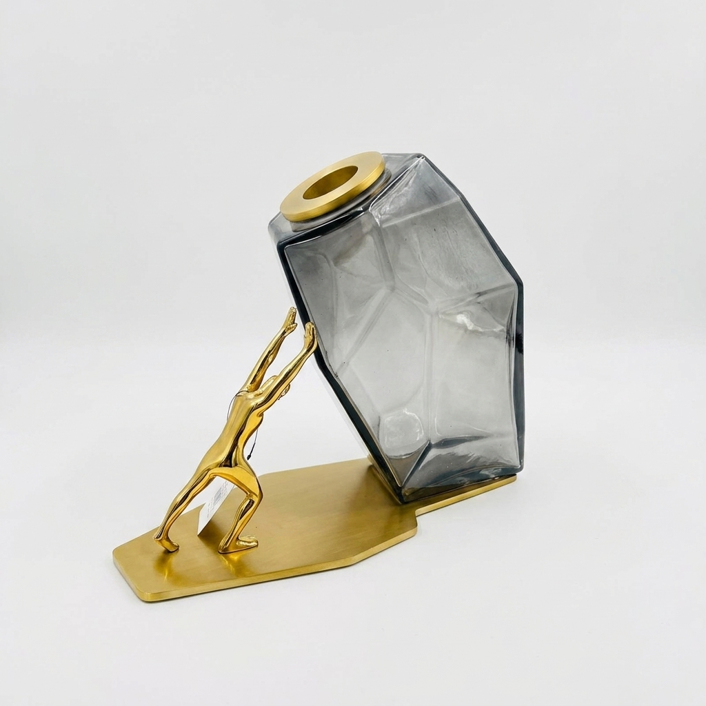 Black Gold Decorative Vase with Golden Figurine