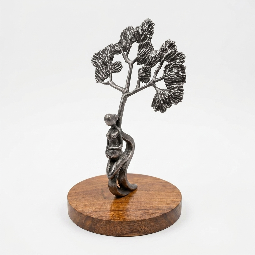 Handcrafted Metal Tree Sculpture with Wooden Base