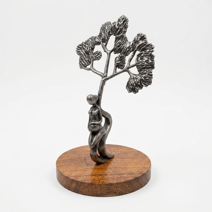 Handcrafted Metal Tree Sculpture with Wooden Base