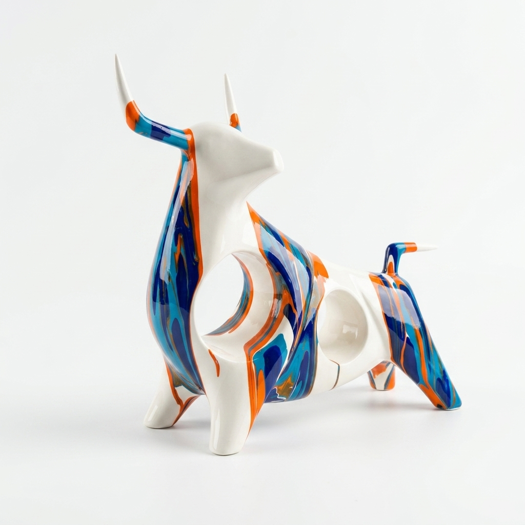Abstract bull showpiece for home decor in blue orange and white
