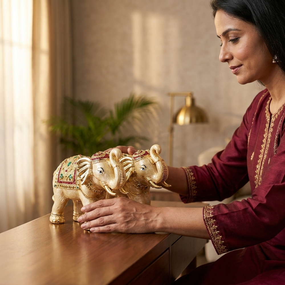 Elegant Luxury Elephant Pair Showpiece with ivory and golden decorative accents