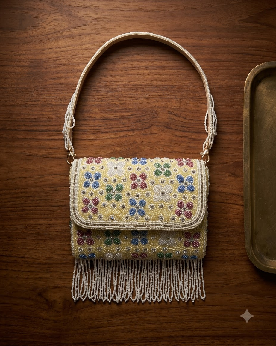 Yellow Beaded Floral Sling Bag with Pearl Fringe