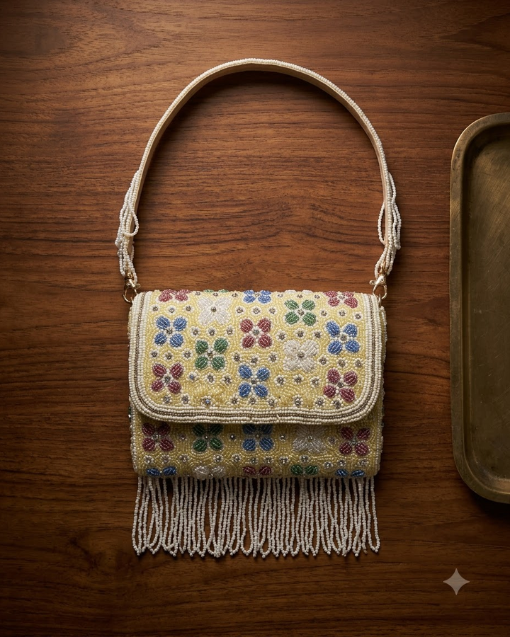 Yellow Beaded Floral Sling Bag with Pearl Fringe