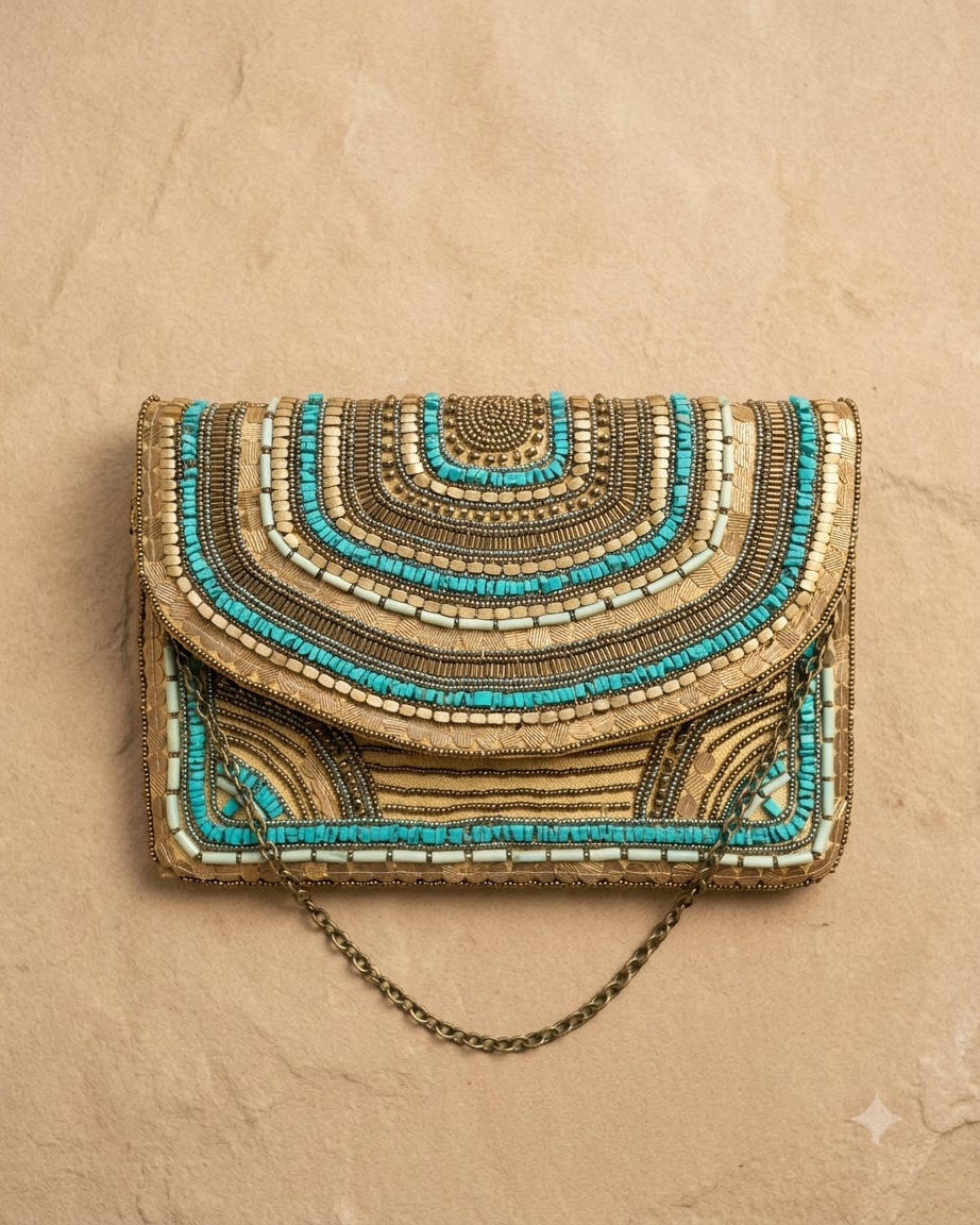 Gold &amp; Turquoise Beaded Clutch Bag with Chain Strap