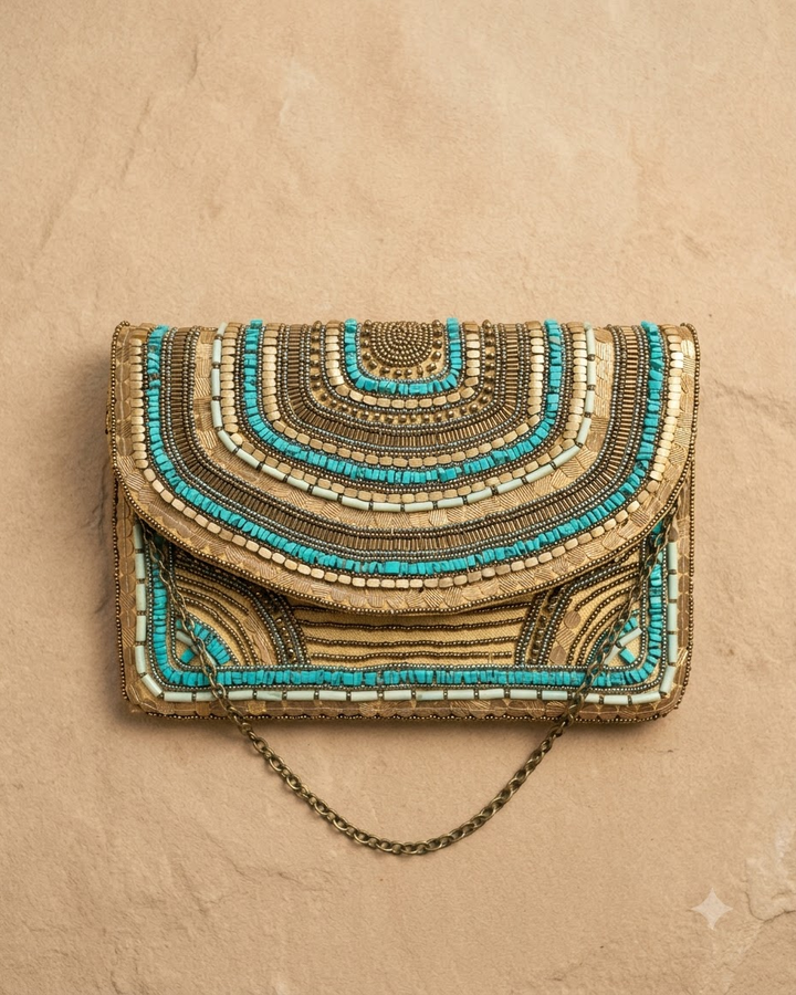 Gold &amp; Turquoise Beaded Clutch Bag with Chain Strap
