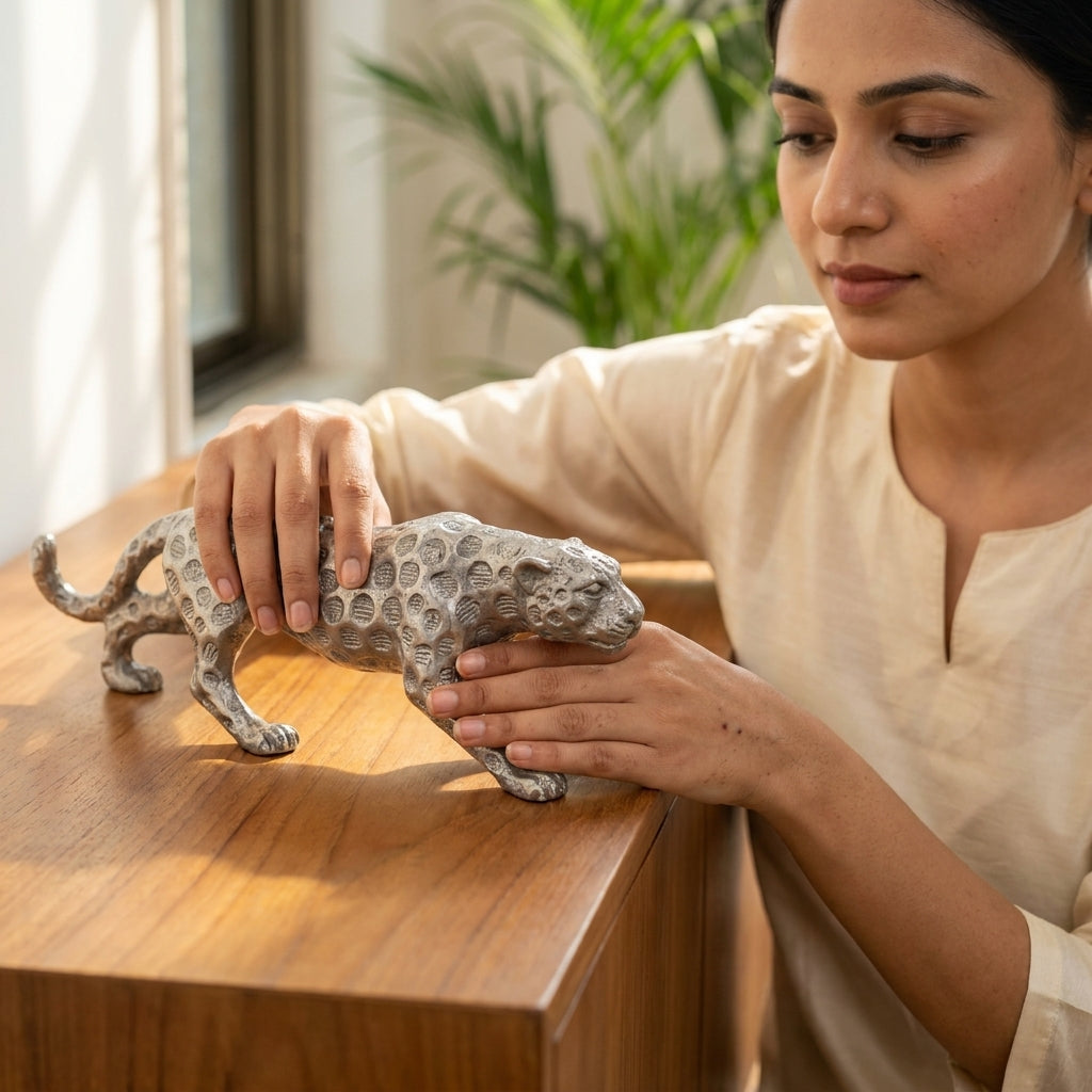 Modern Silver Leopard Figurine decorative showpiece for living room
