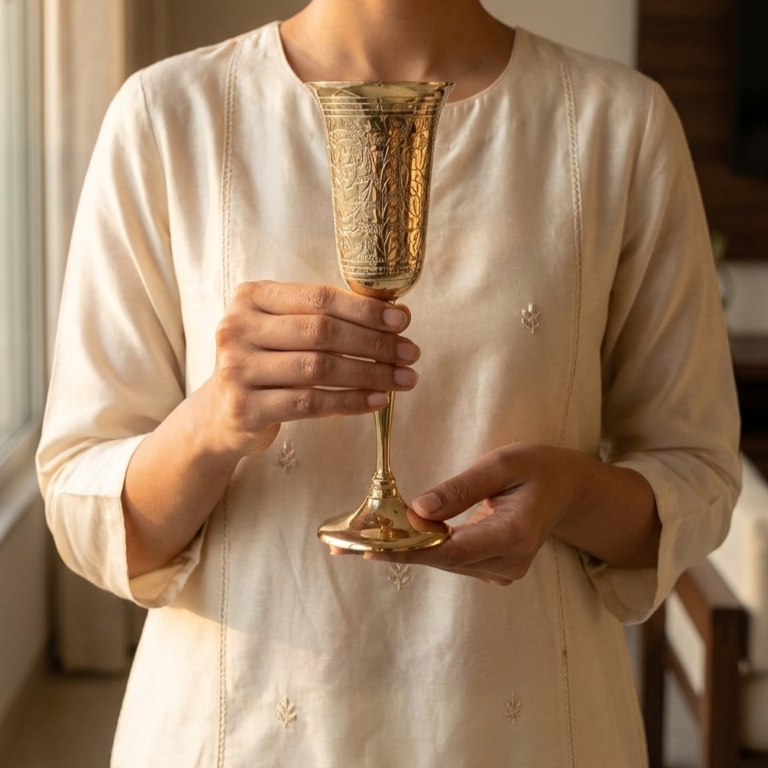 Brass engraved wine goblet with floral detailing for premium gifting