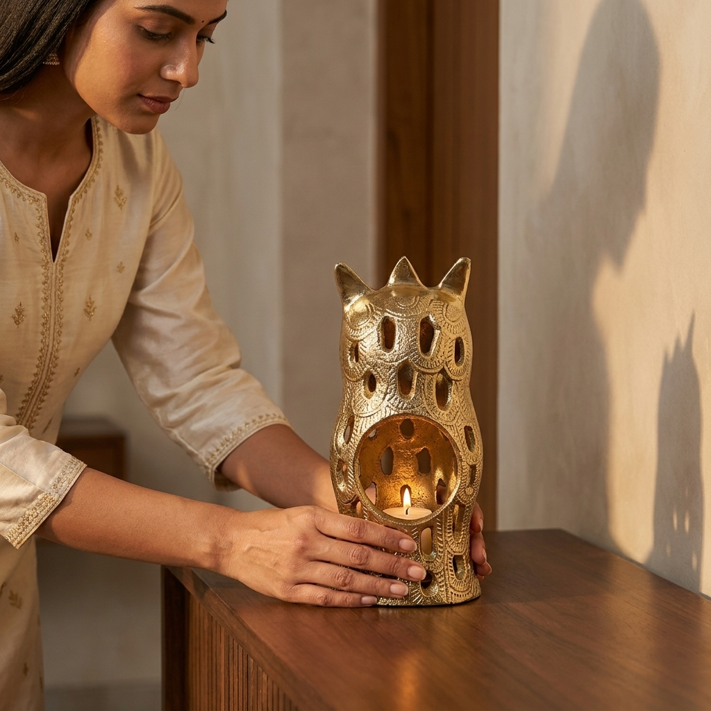 Luxury golden owl lantern candle holder for gifting and home decor
