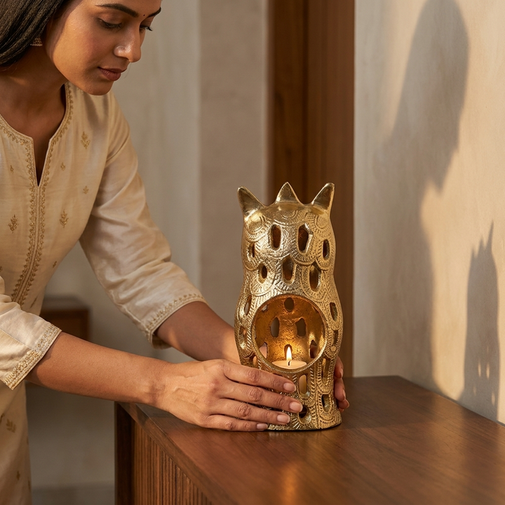 Luxury golden owl lantern candle holder for gifting and home decor