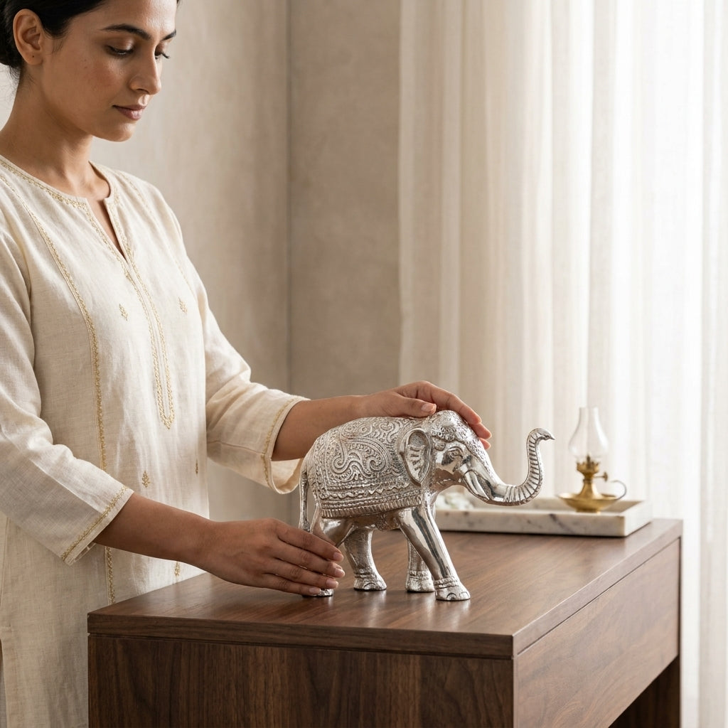 Silver elephant showpiece for home decor with engraved detailing
