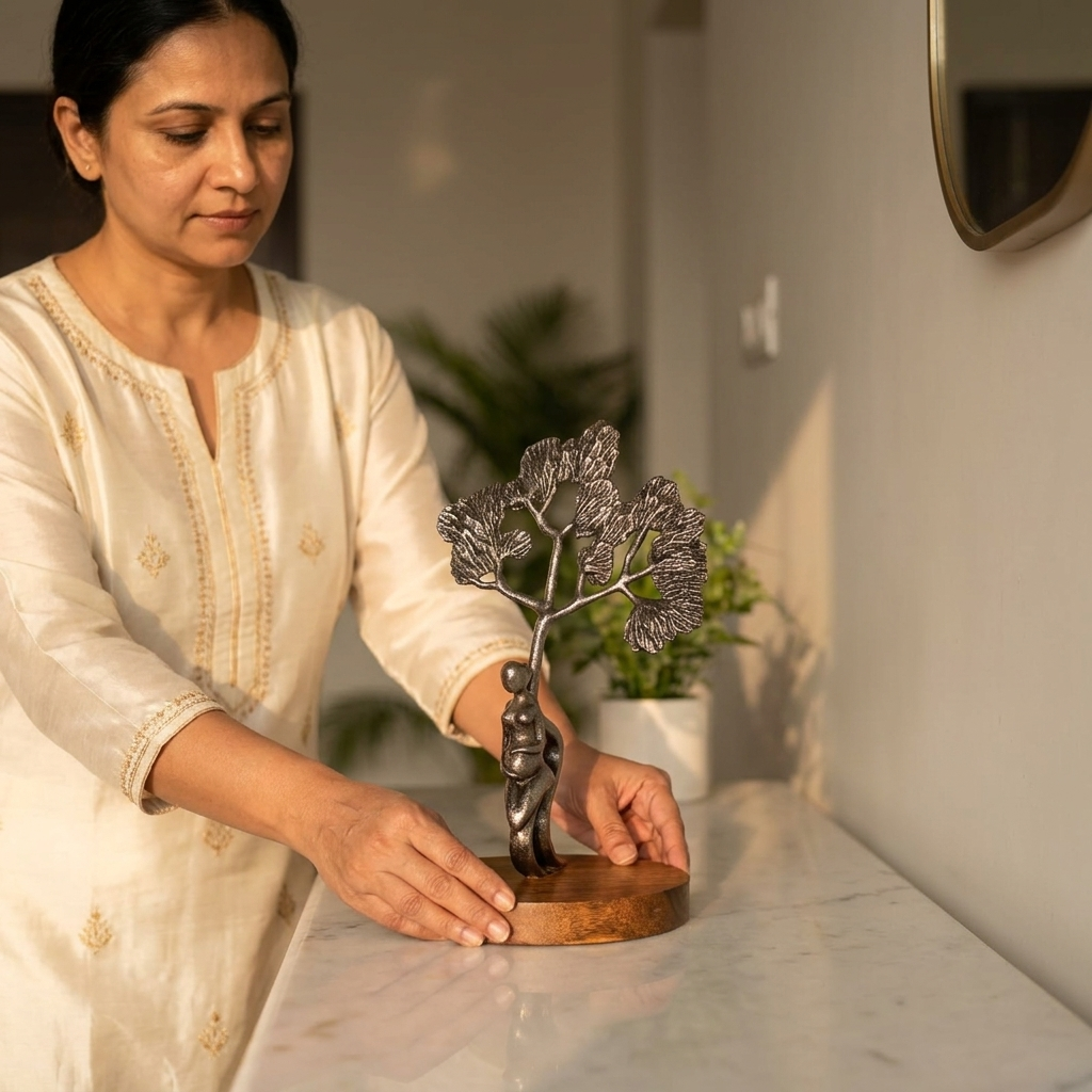Handcrafted Metal Tree Sculpture with Wooden Base