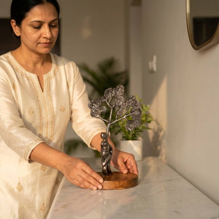 Handcrafted Metal Tree Sculpture with Wooden Base