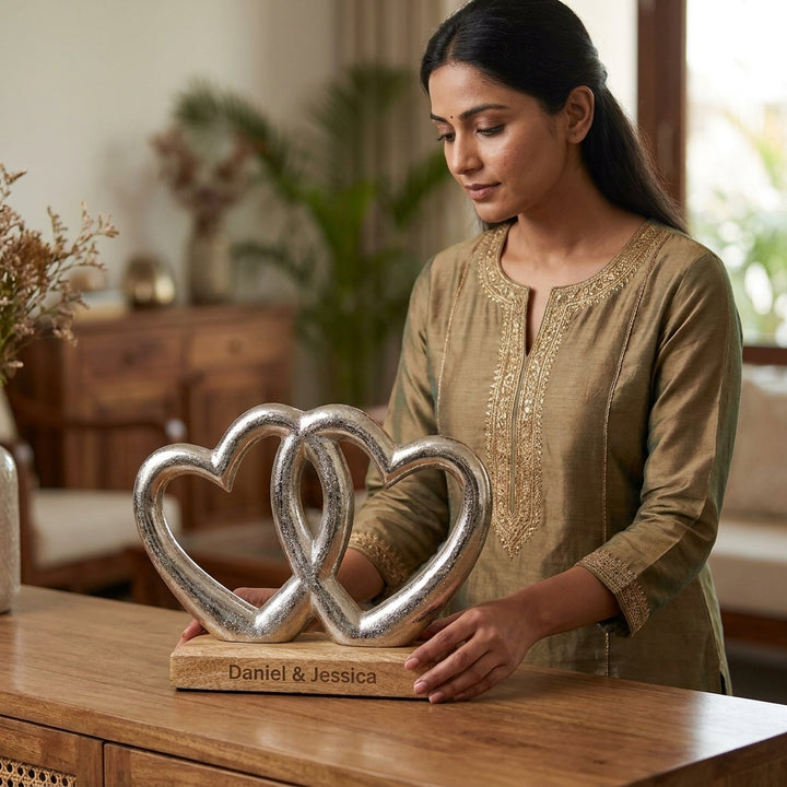 Luxury Personalized Silver Finish Double Heart Showpiece for anniversary gift