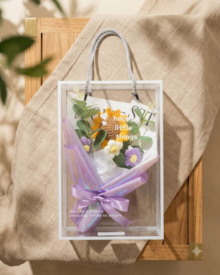 Crochet Flower Bouquet in Clear Gift Box
