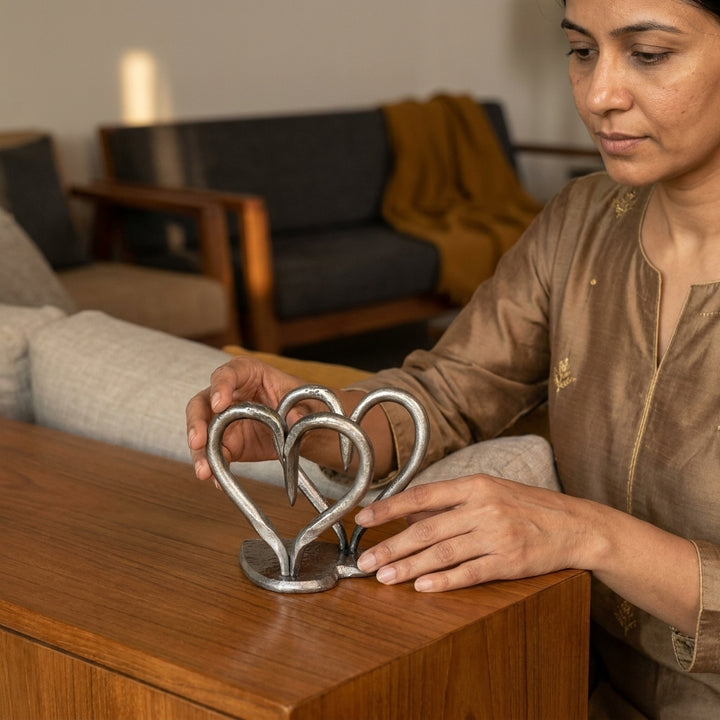 Silver Finish Triple Heart Showpiece for modern home décor