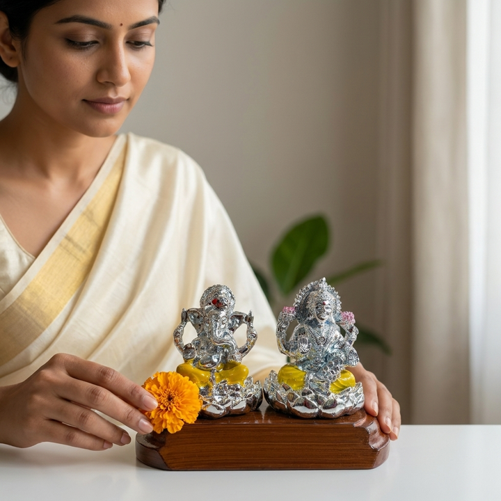 Premium Lakshmi Ganesha Idol Pair with ornate pedestal