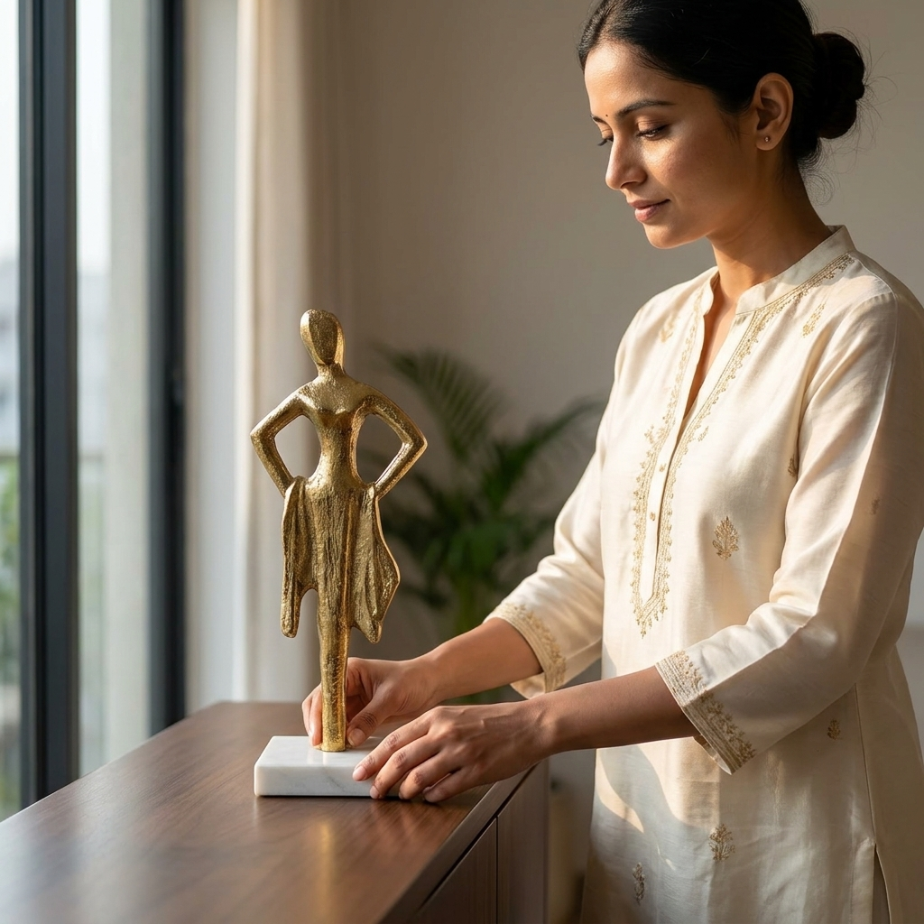 Elegant golden lady figurine with white display base