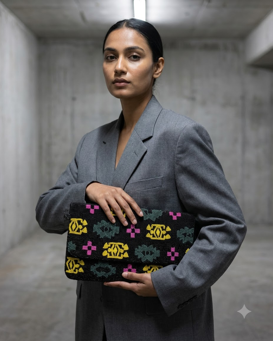 Beaded Clutch Bag with Multicolour Geometric Pattern