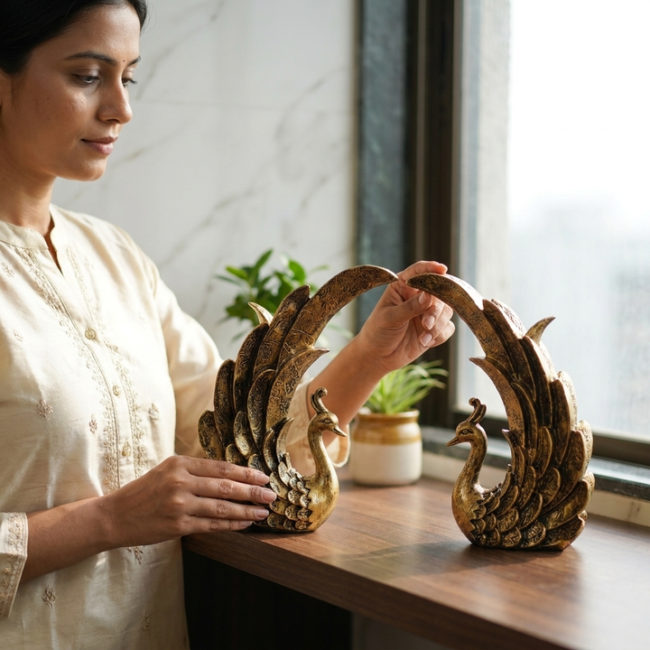 Handcrafted Golden Peacock Showpiece Set for Home Decor