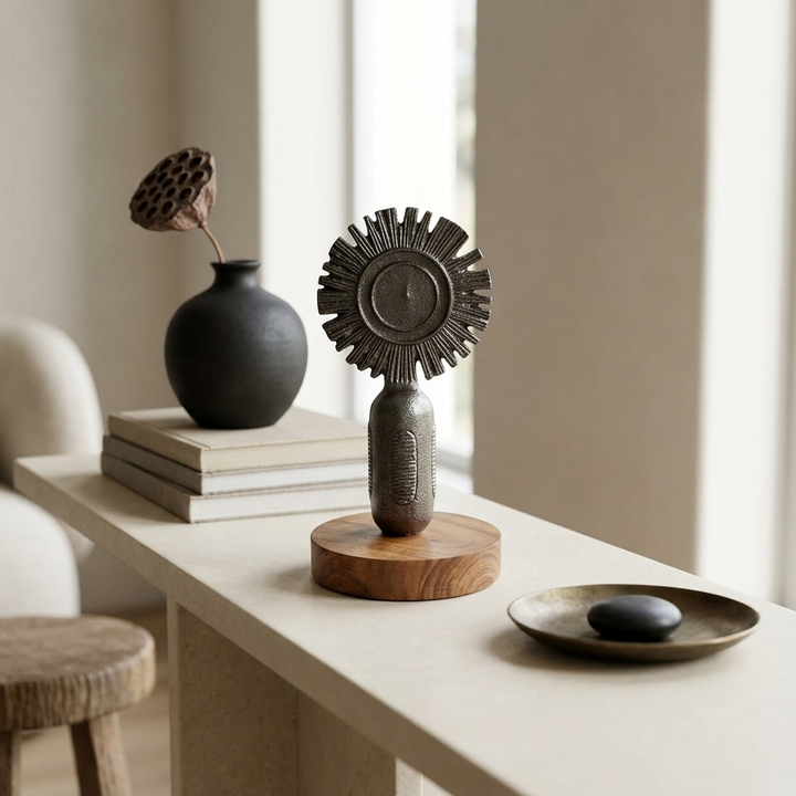 Handcrafted Metal Sun Sculpture with Wooden Base