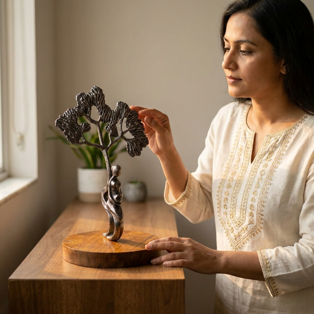 Handcrafted Black Tree Sculpture with Figure on Wooden Base