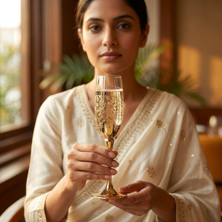 Decorative Engraved Brass Champagne Flute for home bar