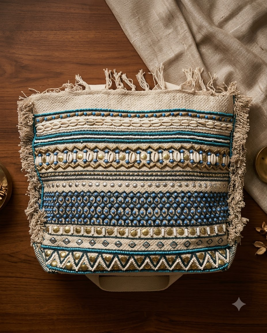 Blue &amp; Beige Embellished Tote Bag
