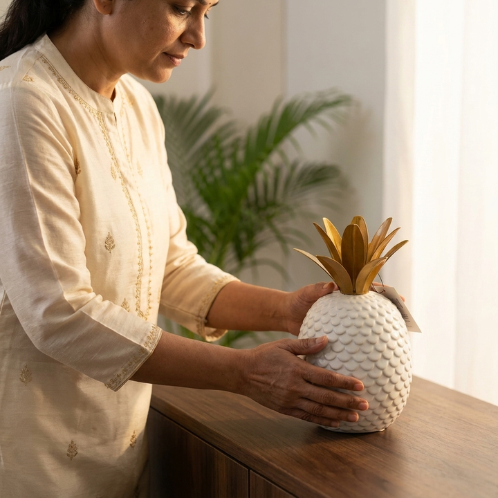 Handcrafted White &amp; Gold Pineapple Showpiece for Home Decor