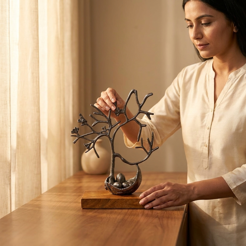 Handcrafted Metal Tree Sculpture with Deer for Home Decor