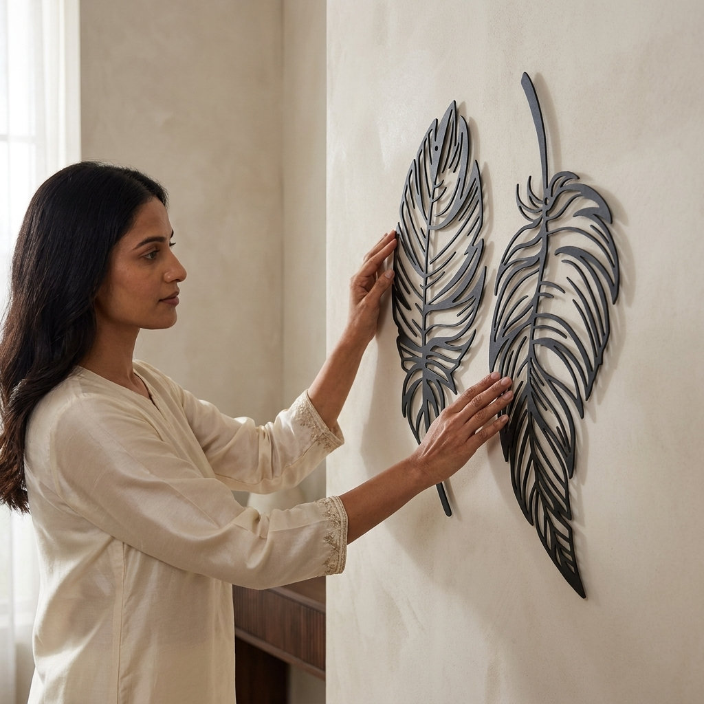 Elegant Silver Feather Wall Decor Set of 2 for living room decor