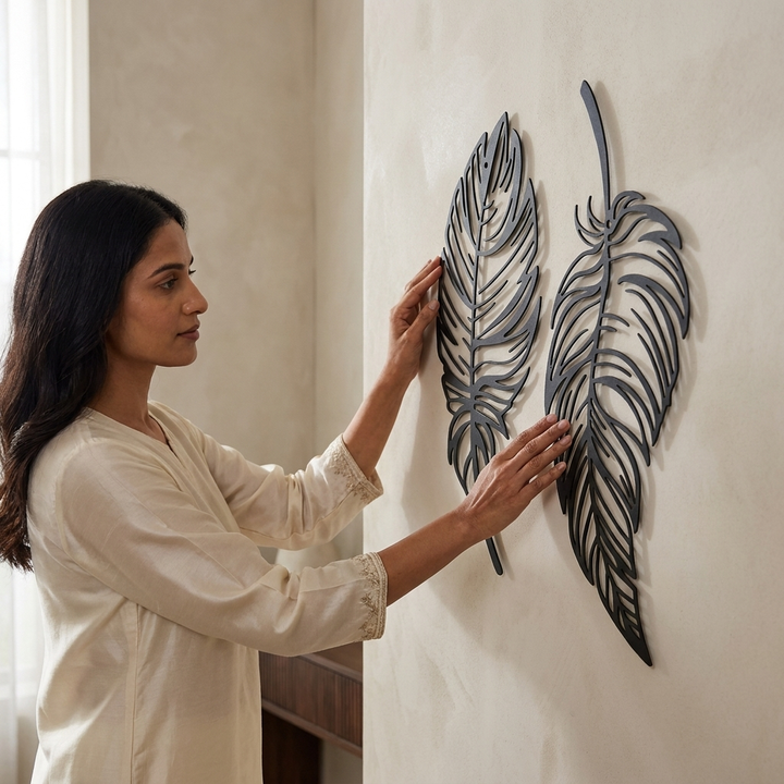 Elegant Silver Feather Wall Decor Set of 2 for living room decor