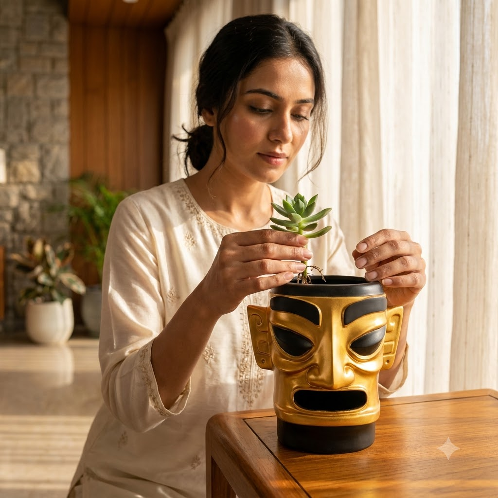 Gold &amp; Black Face Planter Pot