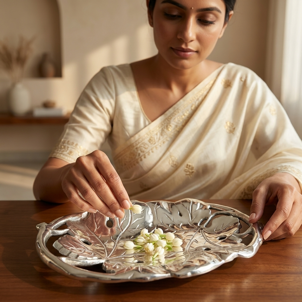 Handcrafted Silver Leaf Decorative Tray for Home Decor