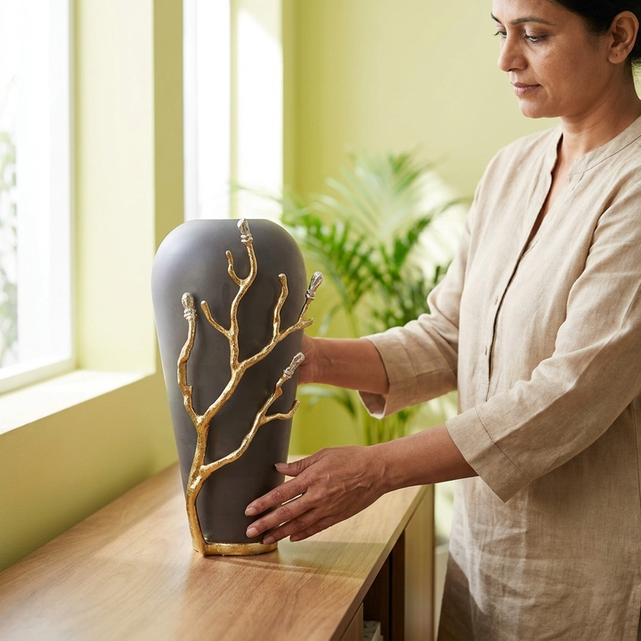 Black Gold Decorative Vase with Golden Branch