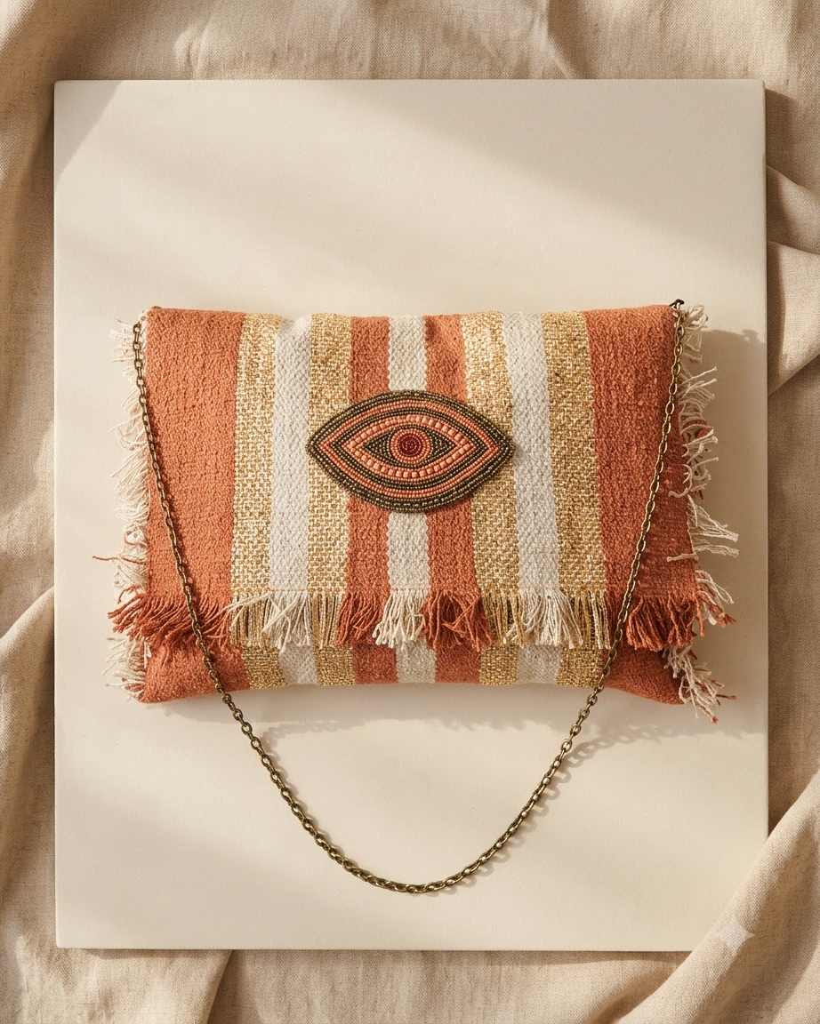 Terracotta &amp; Beige Striped Clutch Bag