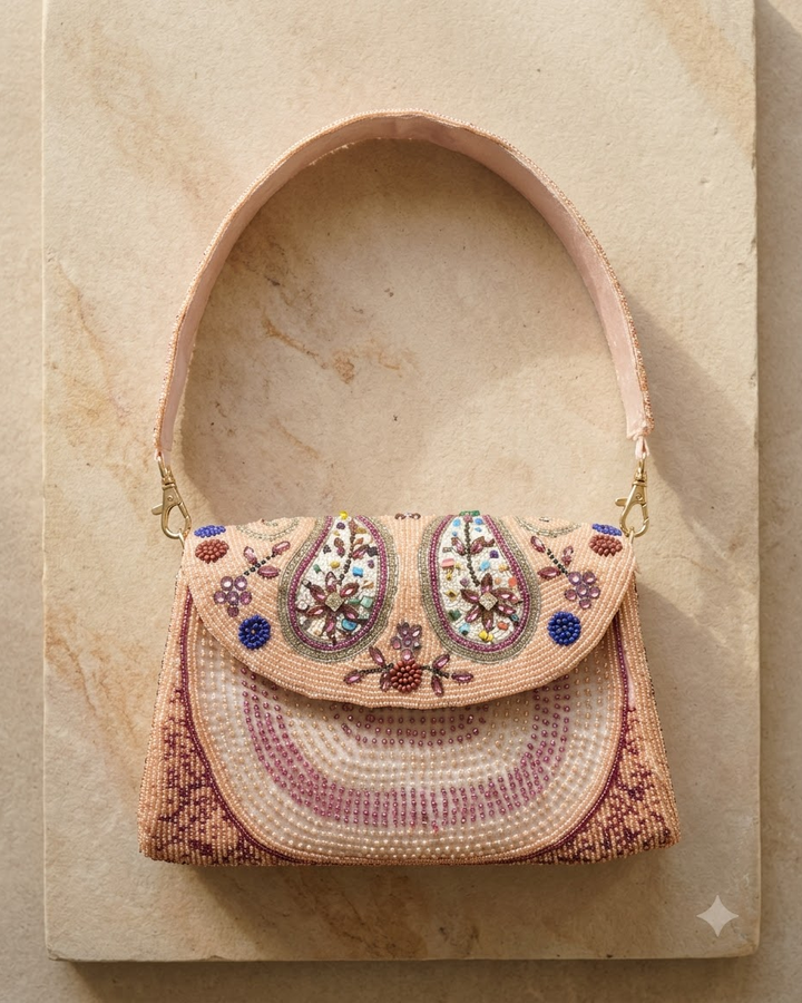 Peach Beaded Floral Shoulder Bag