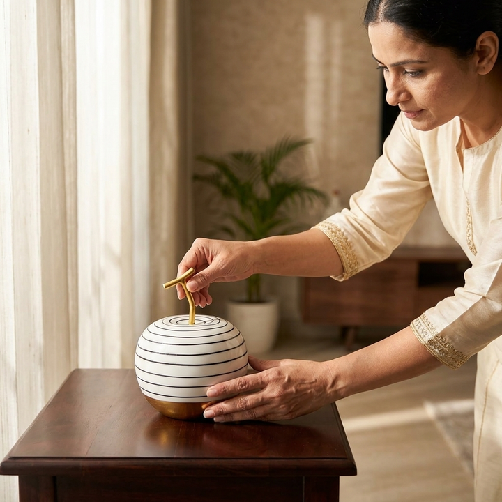 White Ceramic Apple Showpiece with Gold Stem &amp; Black Stripes