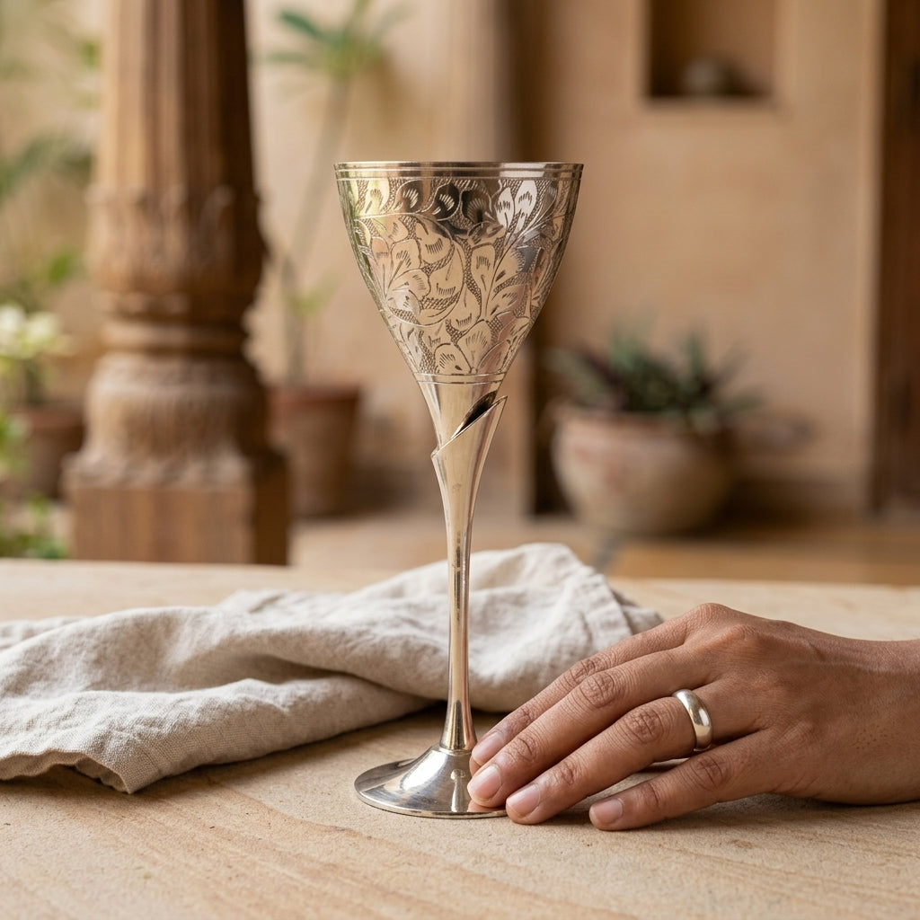 Elegant floral Engraved Silver Finish Goblet for festive celebrations