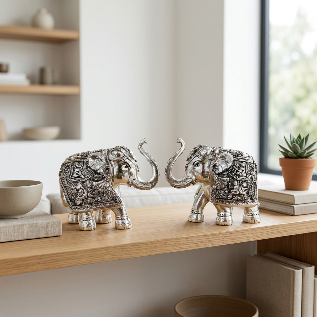 Ornate silver elephant pair home décor accent in elegant silver finish
